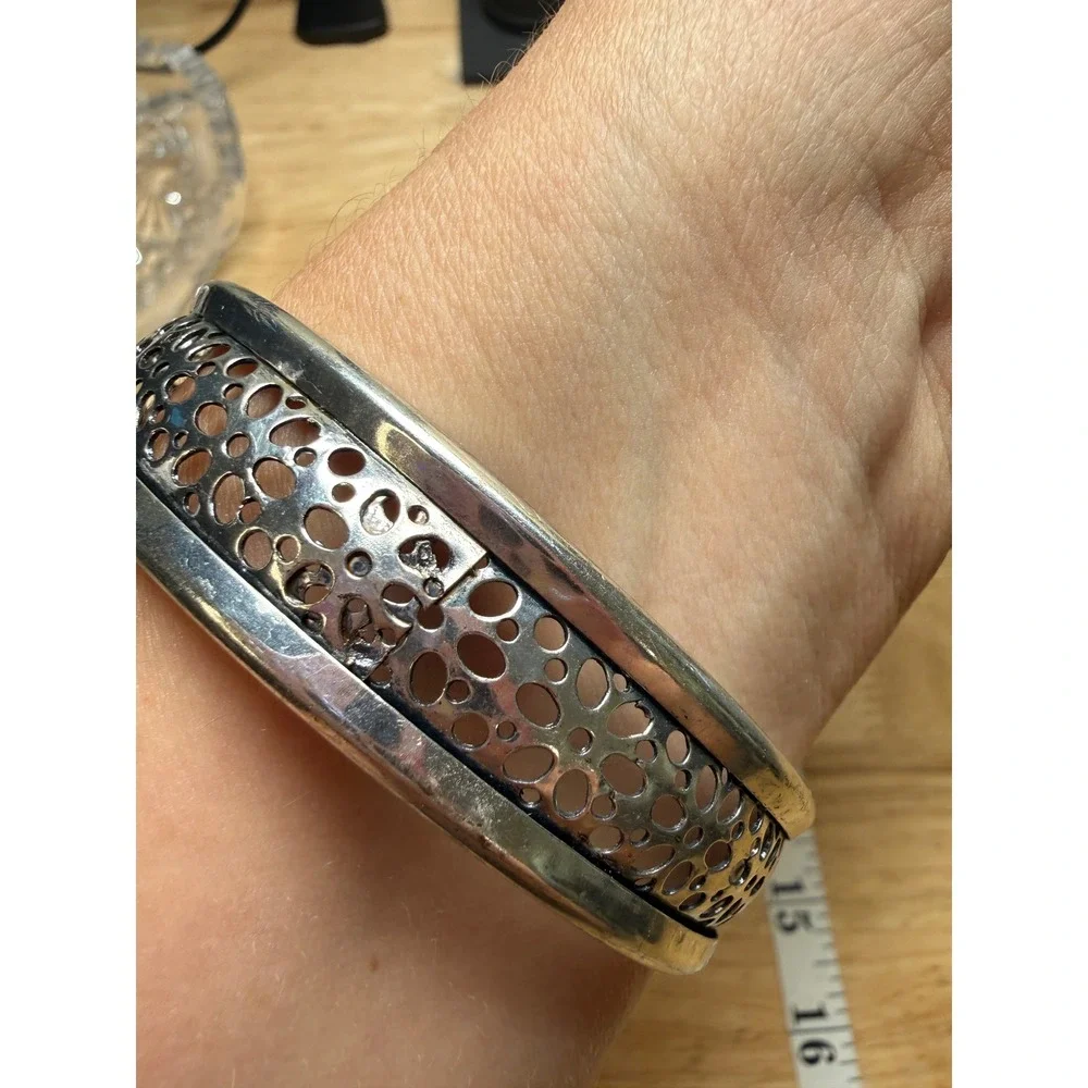 Silver Tone Perforated Cutout Metal Bangle Bracelet Retro Dark Academia Glam